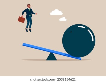 Business startup concept. Businessman try to fly high in the sky. Stock market rebound, overcome business down fall and grow up profit or leadership and achievement concept. Help to survive crisis