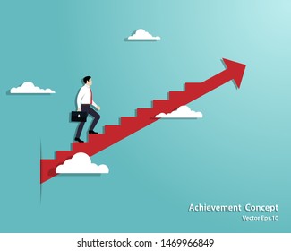 Business startup concept. Businessman walking the stairs up to successful, Achievement, Arrow, Leadership, Vector illustration flat