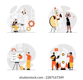 Business startup concept with character set. Collection of scenes people analyze financial data, creating success strategy, investing in project development. Vector illustrations in flat web design