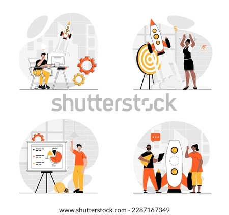 Business startup concept with character set. Collection of scenes people analyze financial data, creating success strategy, investing in project development. Vector illustrations in flat web design