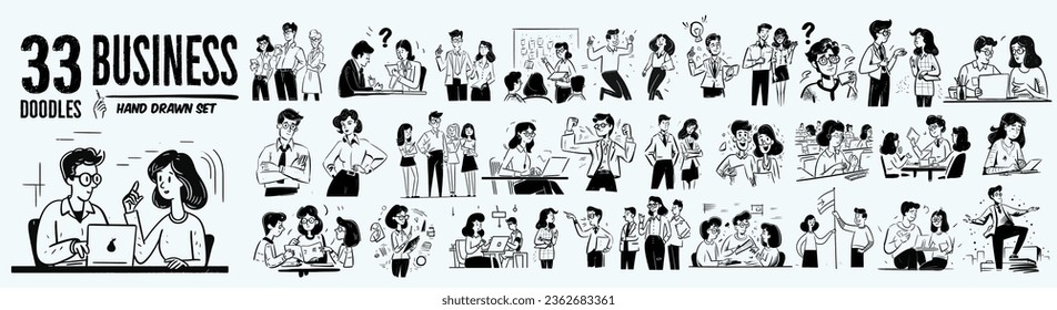 Business and startup concept doodle illustrations. Set of people vector illustrations in various activities of business, management, payment, market research and data analysis, communication.