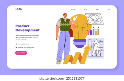 Unternehmensgründungskonzept. Dynamisches Webseitenlayout mit einem Charakter mit innovativen Ideen, Charts und Raketenstart. Kreativer Anfang in Vektorgrafik.