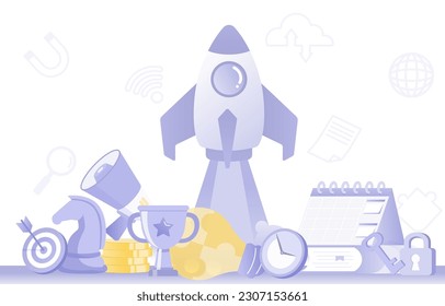 Concepto de inicio de negocio. Los elementos simbolizan la gestión de la estrategia, la planificación táctica, los objetivos y el objetivo. Lanzamiento y crecimiento exitosos del negocio. Ilustración de diseño de vector plano.