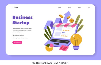 Business Startup concept. Entrepreneurial journey from idea to launch with dynamic growth arrows and investment coins. Online platform development illustration. Vector illustration.
