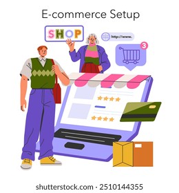 Business startup concept. Entrepreneurs engaging with e-commerce elements like shop sign, website, and shopping cart. Online store creation. Vector illustration.