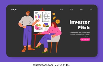 Business Startup concept. Entrepreneurs present growth strategies in an investor pitch meeting. Teamwork, investment, and startup launch presentation. Vector illustration.