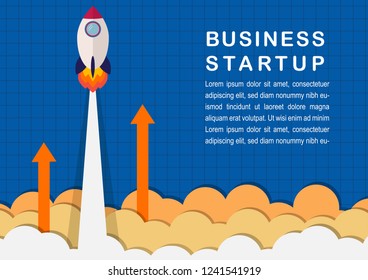 Business Startup concept flat design Vector. The rocket flying up to high sky space and orange arrow up with blue background for banner, presentation or website and etc