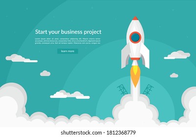 Business startup concept in flat design style. Space rocket launch. Vector illustration.