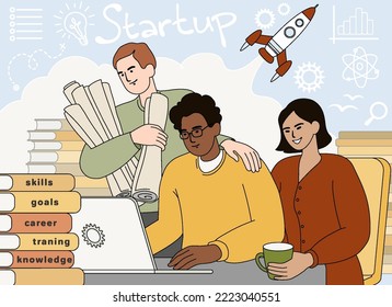 Business startup concept. Flat diverse people work together with laptop, books. Teamwork develop idea or launch project boost. Successful start up product development. Man analysing company statistics