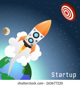 Business startup concept with flat rocket launch starting from earth vector illustration