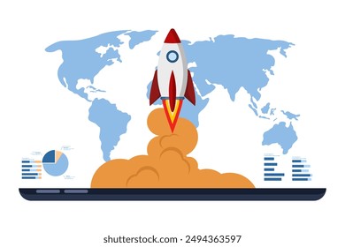 Business startup concept, Flying rocket with global map, computer device on isolated background, launching business project with rocket. giving up a start-up business. digital marketing illustration.