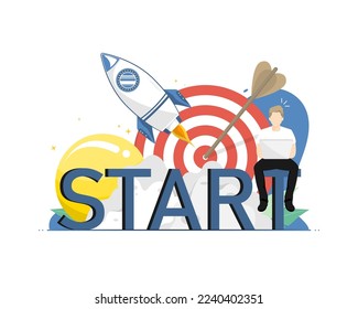 Business startup concept, Human typing laptop with rocket flying, Digital marketing illustration.