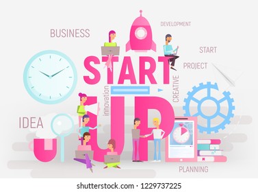 Business Startup Concept - Idea through Planning and Strategy, Time Management, Realization. Tiny People Characters Start Up Product Launch. Vector Illustration.