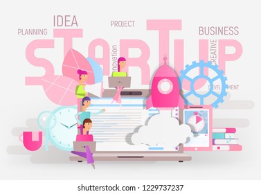 Business Startup Concept - Idea through Planning and Strategy, Time Management, Realization. Tiny People Characters Start Up New Product - Launch Rocket. Vector Illustration.