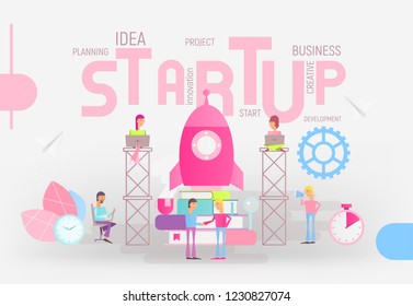 Business Startup Concept - Idea through Planning and Strategy, Time Management, Realization. Tiny People Characters Start Up New Product - Launch Rocket. Vector Illustration for Web Site.