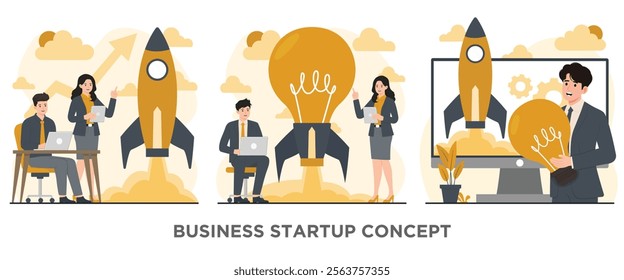 Business startup concept illustration featuring professionals working on innovative ideas with rockets, light bulbs, and laptops. Perfect for representing entrepreneurship, teamwork, innovation