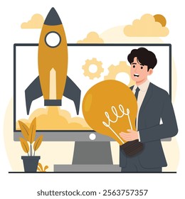 Business startup concept illustration featuring professionals working on innovative ideas with rockets, light bulbs, and laptops. Perfect for representing entrepreneurship, teamwork, innovation