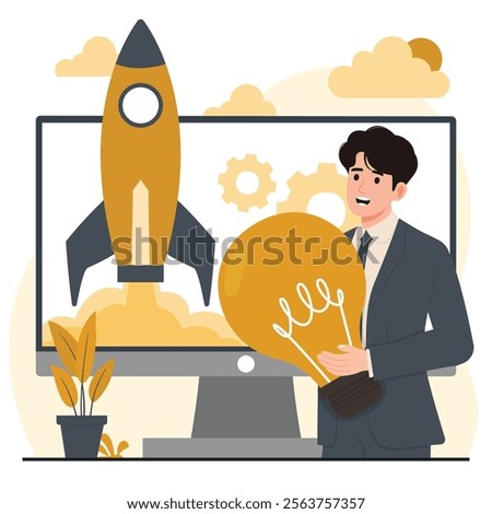 Business startup concept illustration featuring professionals working on innovative ideas with rockets, light bulbs, and laptops. Perfect for representing entrepreneurship, teamwork, innovation