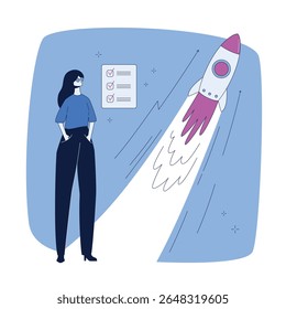 Business startup concept illustration. Woman launches a rocket in the background of a list of completed goals