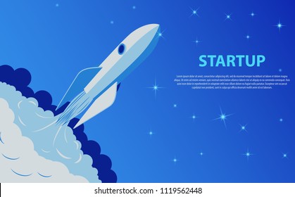Business startup concept - isometric vector illustration. Rocket launch, smoke and blue sky. Startup project concept.