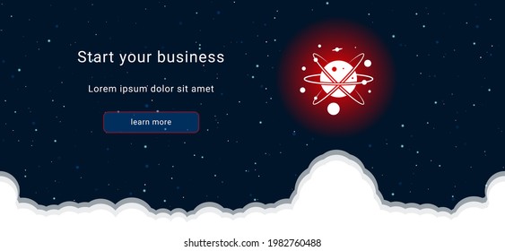 Business startup concept Landing page screen. The cosmic symbol on the right is highlighted in bright red. Vector illustration on dark blue background with stars and curly clouds from below