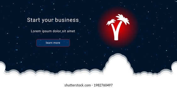 Business startup concept Landing page screen. The palm trees symbol on the right is highlighted in bright red. Vector illustration on dark blue background with stars and curly clouds from below