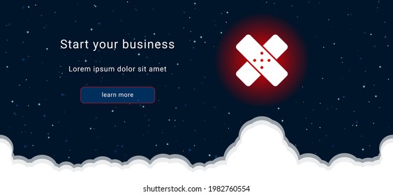 Business startup concept Landing page screen. The adhesive plaster symbol on the right is highlighted in bright red. Vector illustration on dark blue background with stars and curly clouds from below