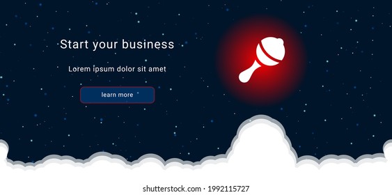Business startup concept Landing page screen. The baby rattle symbol on the right is highlighted in bright red. Vector illustration on dark blue background with stars and curly clouds from below