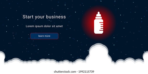 Business startup concept Landing page screen. The feeding bottle symbol on the right is highlighted in bright red. Vector illustration on dark blue background with stars and curly clouds from below
