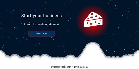 Business startup concept Landing page screen. The cheese symbol on the right is highlighted in bright red. Vector illustration on dark blue background with stars and curly clouds from below