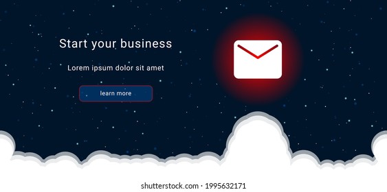 Business startup concept Landing page screen. The email symbol on the right is highlighted in bright red. Vector illustration on dark blue background with stars and curly clouds from below