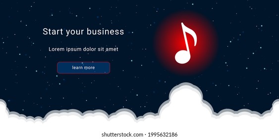 Business startup concept Landing page screen. The musical note symbol on the right is highlighted in bright red. Vector illustration on dark blue background with stars and curly clouds from below