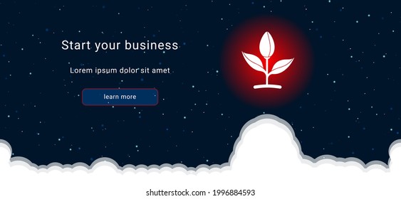 Business startup concept Landing page screen. The sprout symbol on the right is highlighted in bright red. Vector illustration on dark blue background with stars and curly clouds from below
