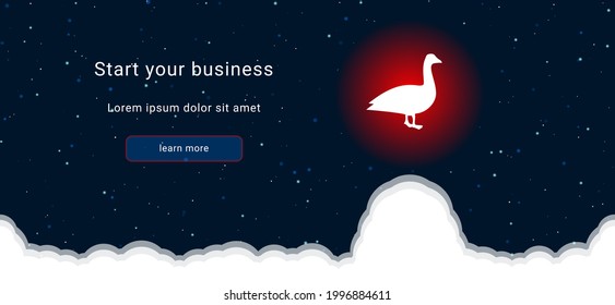 Business startup concept Landing page screen. The goose symbol on the right is highlighted in bright red. Vector illustration on dark blue background with stars and curly clouds from below