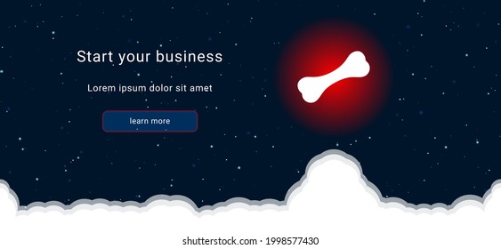 Business startup concept Landing page screen. The dog bone symbol on the right is highlighted in bright red. Vector illustration on dark blue background with stars and curly clouds from below