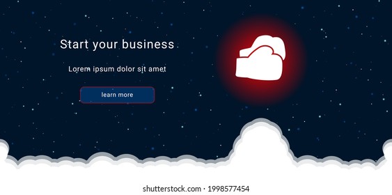 Business startup concept Landing page screen. The boxing gloves symbol on the right is highlighted in bright red. Vector illustration on dark blue background with stars and curly clouds from below