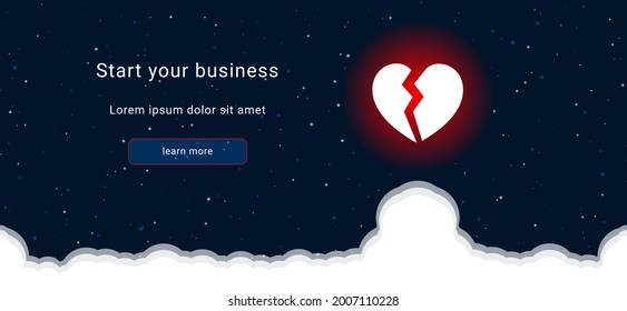 Business startup concept Landing page screen. The broken heart symbol on the right is highlighted in bright red. Vector illustration on dark blue background with stars and curly clouds from below