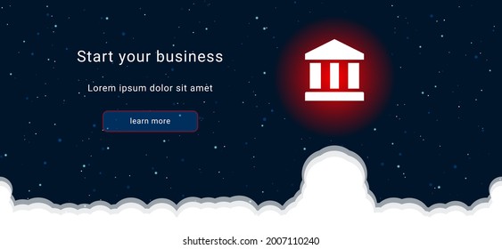 Business startup concept Landing page screen. The bank symbol on the right is highlighted in bright red. Vector illustration on dark blue background with stars and curly clouds from below