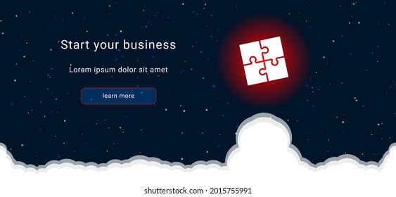 Business startup concept Landing page screen. The puzzle symbol on the right is highlighted in bright red. Vector illustration on dark blue background with stars and curly clouds from below