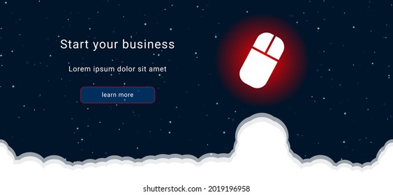 Business startup concept Landing page screen. The computer mouse symbol on the right is highlighted in bright red. Vector illustration on dark blue background with stars and curly clouds from below
