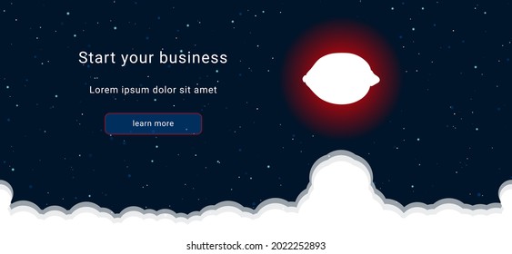 Business startup concept Landing page screen. The lemon symbol on the right is highlighted in bright red. Vector illustration on dark blue background with stars and curly clouds from below