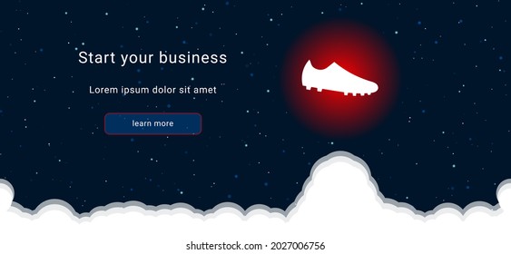 Business startup concept Landing page screen. The football boot symbol on the right is highlighted in bright red. Vector illustration on dark blue background with stars and curly clouds from below