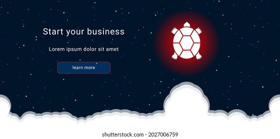 Business startup concept Landing page screen. The turtle symbol on the right is highlighted in bright red. Vector illustration on dark blue background with stars and curly clouds from below
