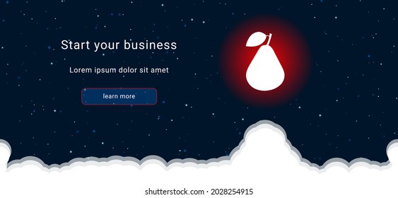 Business startup concept Landing page screen. The pear symbol on the right is highlighted in bright red. Vector illustration on dark blue background with stars and curly clouds from below