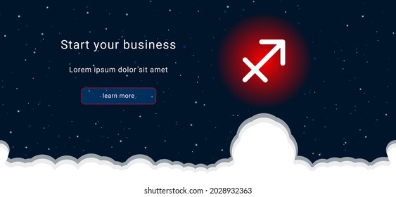 Business startup concept Landing page screen. The white zodiac sagittarius symbol on the right. Vector illustration on dark blue background with stars and curly clouds from below