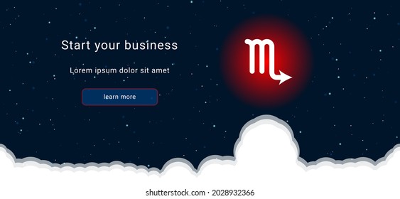 Business startup concept Landing page screen. The zodiac scorpio symbol on the right is highlighted in bright red. Vector illustration on dark blue background with stars and curly clouds from below