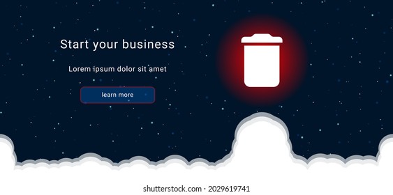 Business startup concept Landing page screen. The trash symbol on the right is highlighted in bright red. Vector illustration on dark blue background with stars and curly clouds from below