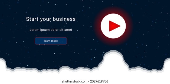 Business startup concept Landing page screen. The play symbol on the right is highlighted in bright red. Vector illustration on dark blue background with stars and curly clouds from below