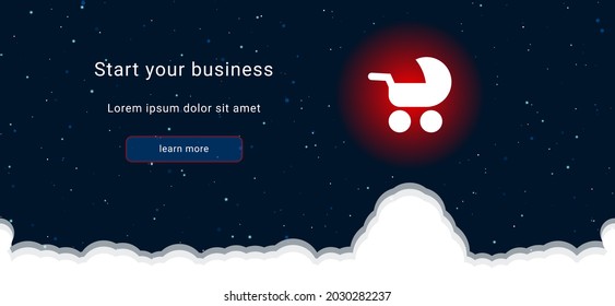 Business startup concept Landing page screen. The baby carriage symbol on the right is highlighted in bright red. Vector illustration on dark blue background with stars and curly clouds from below