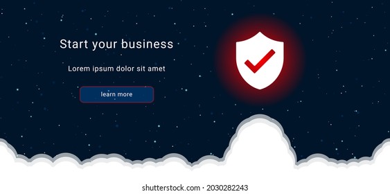 Business startup concept Landing page screen. The protection mark symbol on the right is highlighted in bright red. Vector illustration on dark blue background with stars and curly clouds from below